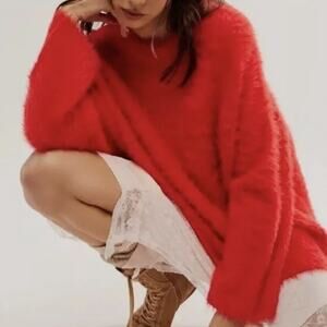Free People HARRISON BUNNY Fuzzy Oversized Slouchy Sweater in Red S NWOT $168